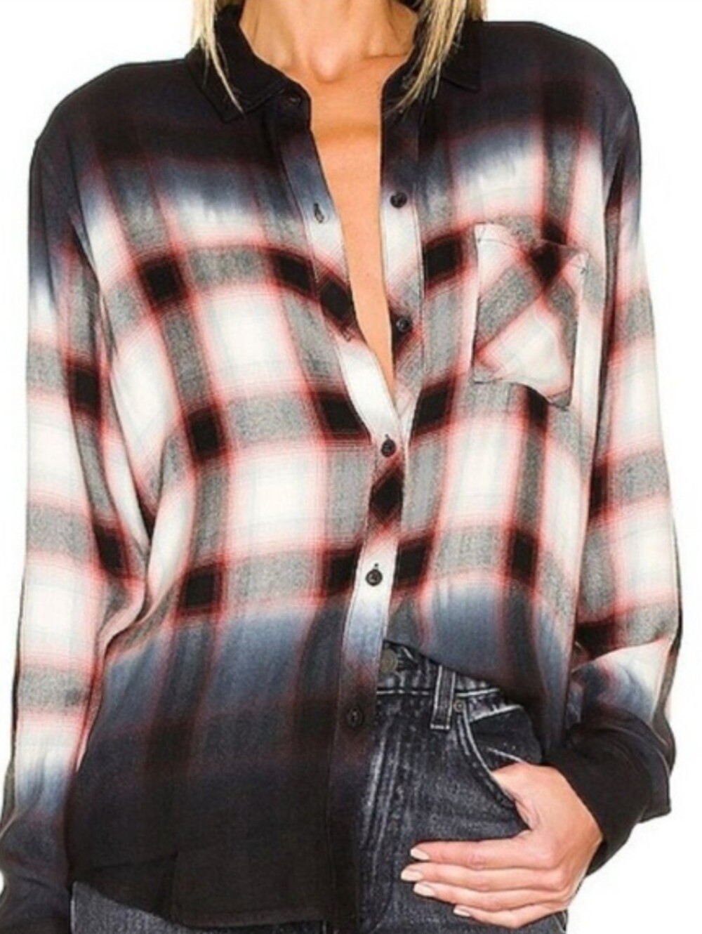 Rails Womens Hunter Button Up Ivory Smoke Dip Dye Soft Flannel Shirt Size Large